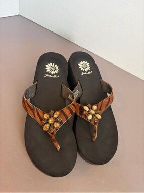Yellow Box Brown Animal Print Jeweled Thong Sandals